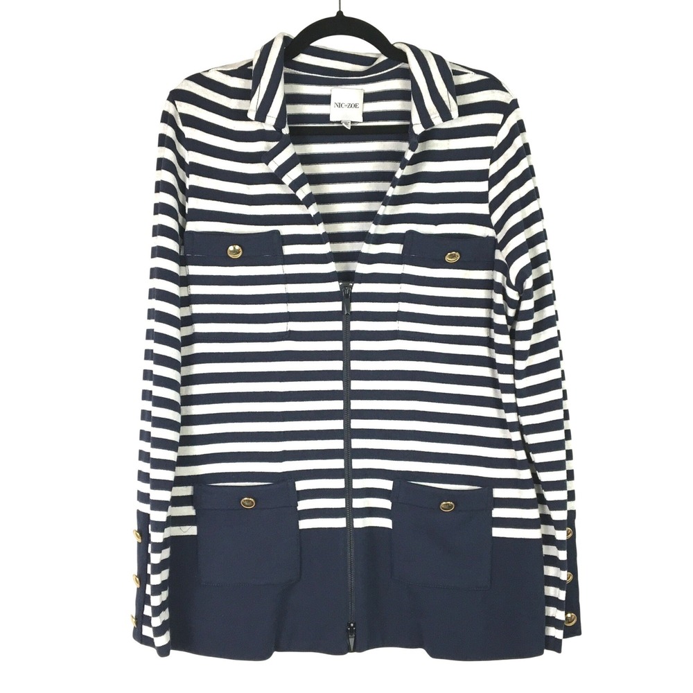 NIC+ZOE Navy‎ White Striped Full Zip Knit Cardigan Gold Button Jacket Large